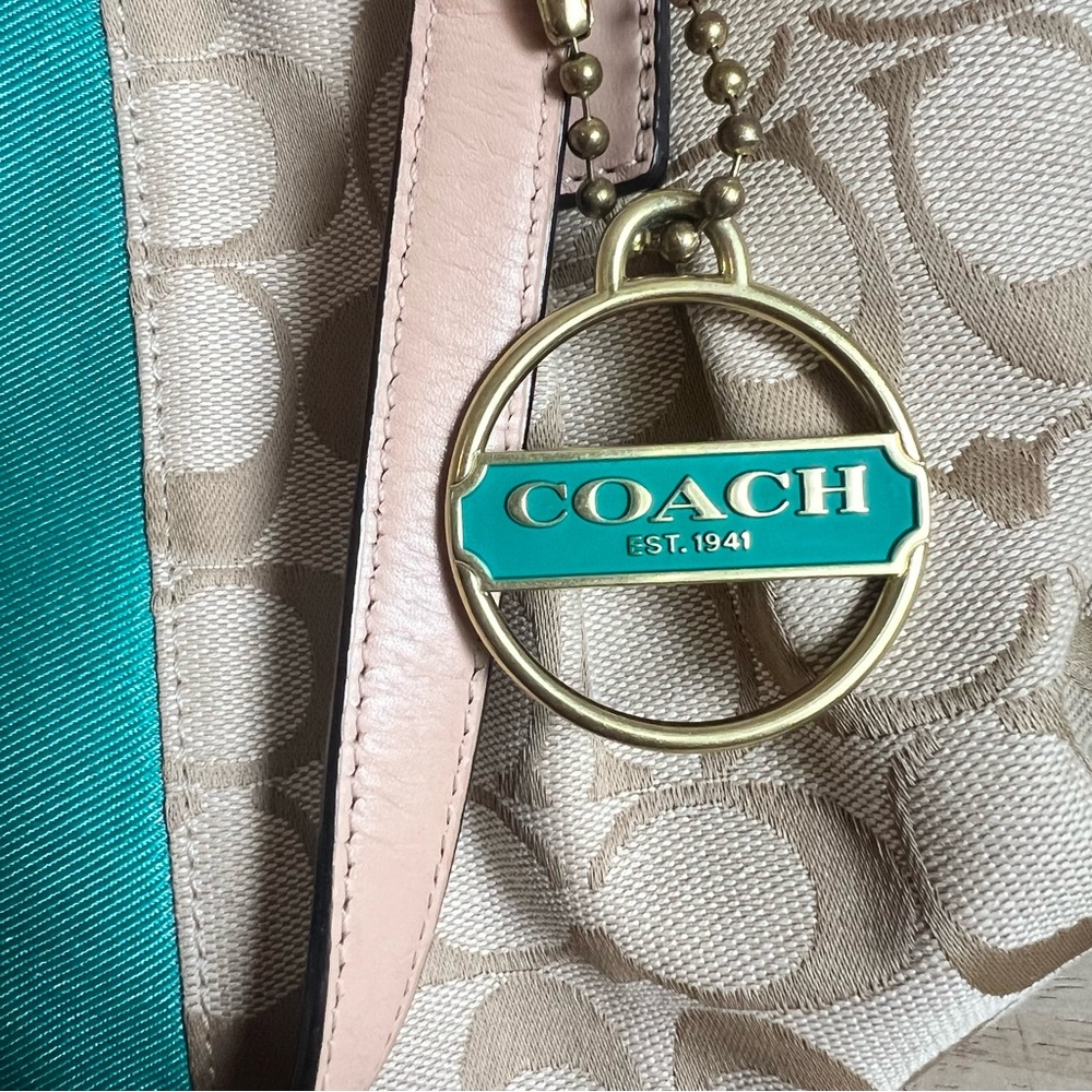 Coach Tan Signature Canvas Tote with Teal Center Stripe - Picture 6 of 16